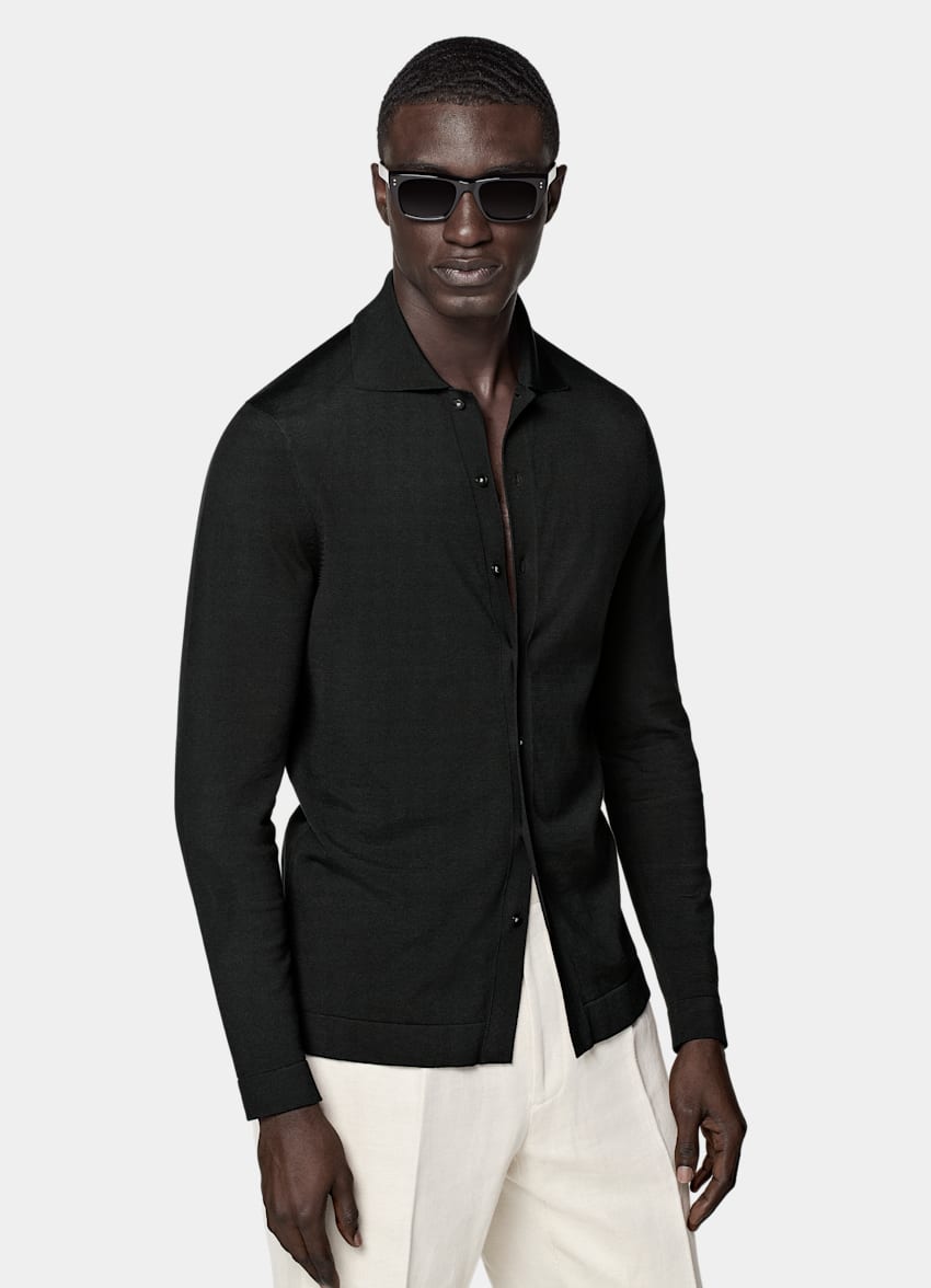 SUITSUPPLY Californian Cotton & Mulberry Silk Black Long Sleeve Polo Cardigan
