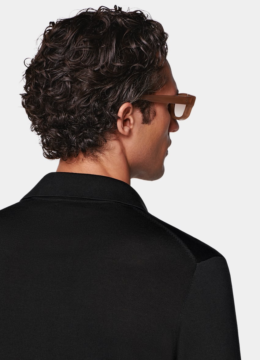 SUITSUPPLY Californian Cotton & Mulberry Silk Black Long Sleeve Polo Cardigan
