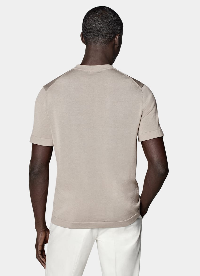 SUITSUPPLY Californian Cotton & Mulberry Silk Light Taupe Short Sleeve Crewneck