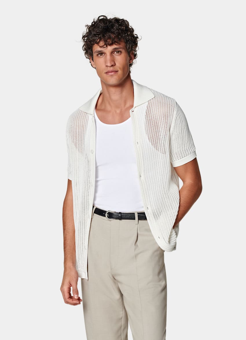 SUITSUPPLY Californian Cotton & Mulberry Silk Off-White Crochet Polo Cardigan