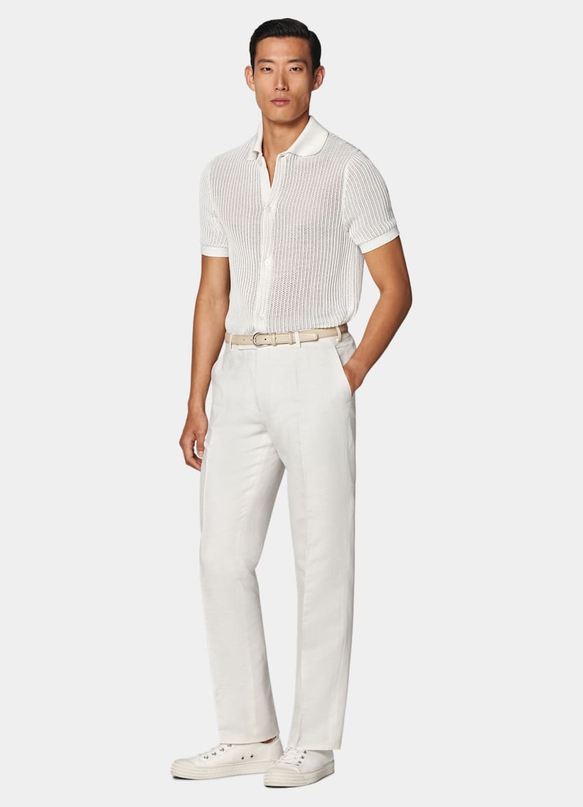 SUITSUPPLY Californian Cotton & Mulberry Silk Off-White Crochet Polo Cardigan