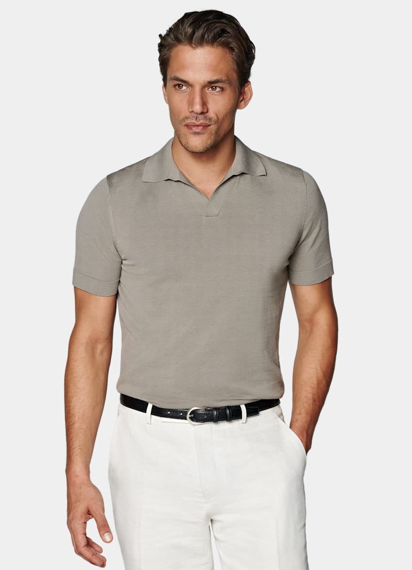 Black Ribbed Buttonless Polo Shirt in Californian Cotton & Mulberry Silk