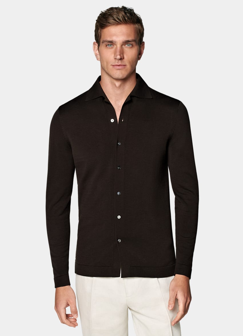 SUITSUPPLY Californian Cotton & Mulberry Silk Dark Brown Long Sleeve Polo Cardigan