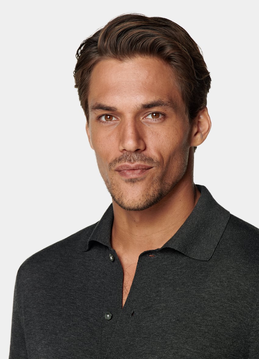 SUITSUPPLY Californian Cotton & Mulberry Silk Dark Grey Long Sleeve Polo Cardigan