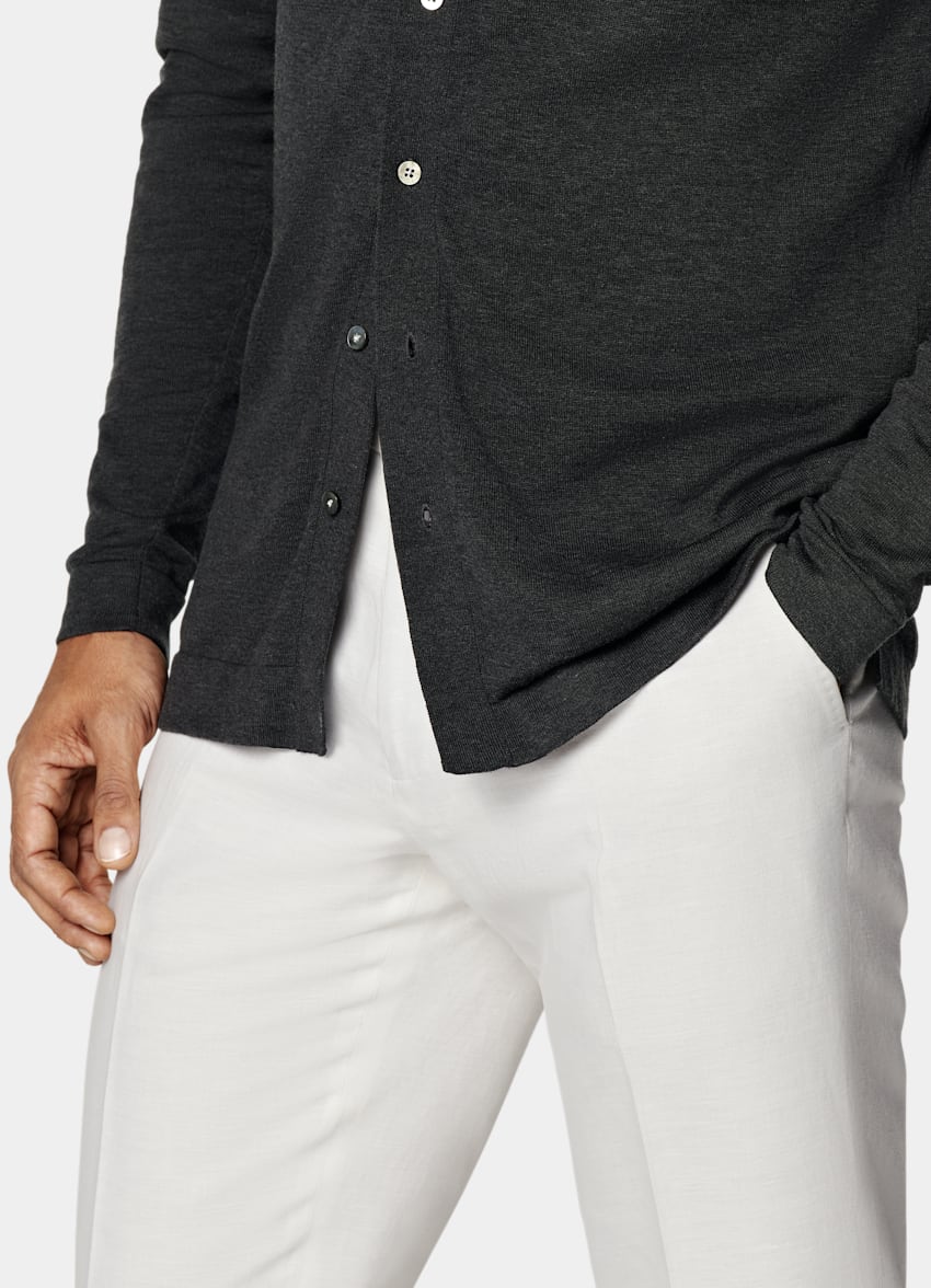 SUITSUPPLY Californian Cotton & Mulberry Silk Dark Grey Long Sleeve Polo Cardigan