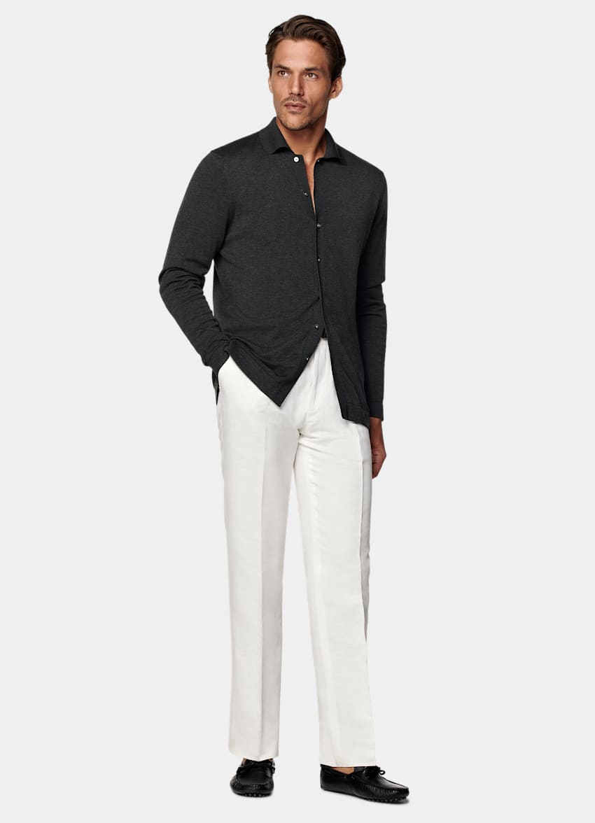 SUITSUPPLY Californian Cotton & Mulberry Silk Dark Grey Long Sleeve Polo Cardigan