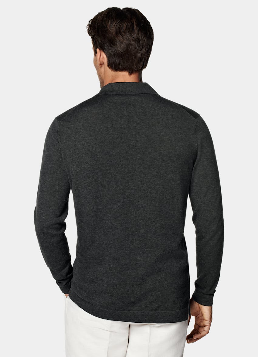 SUITSUPPLY Californian Cotton & Mulberry Silk Dark Grey Long Sleeve Polo Cardigan