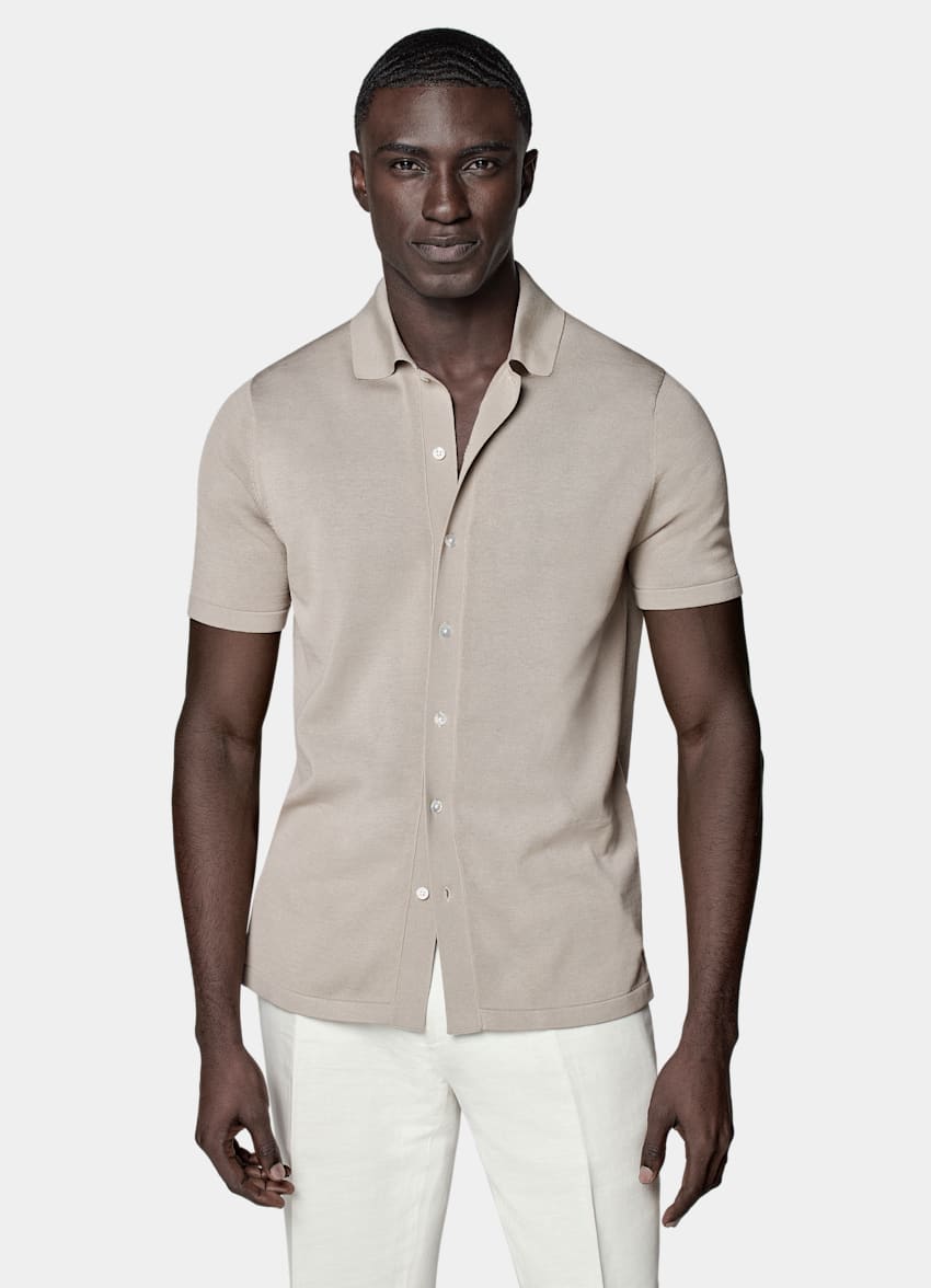 SUITSUPPLY Californian Cotton & Mulberry Silk Light Taupe Polo Cardigan