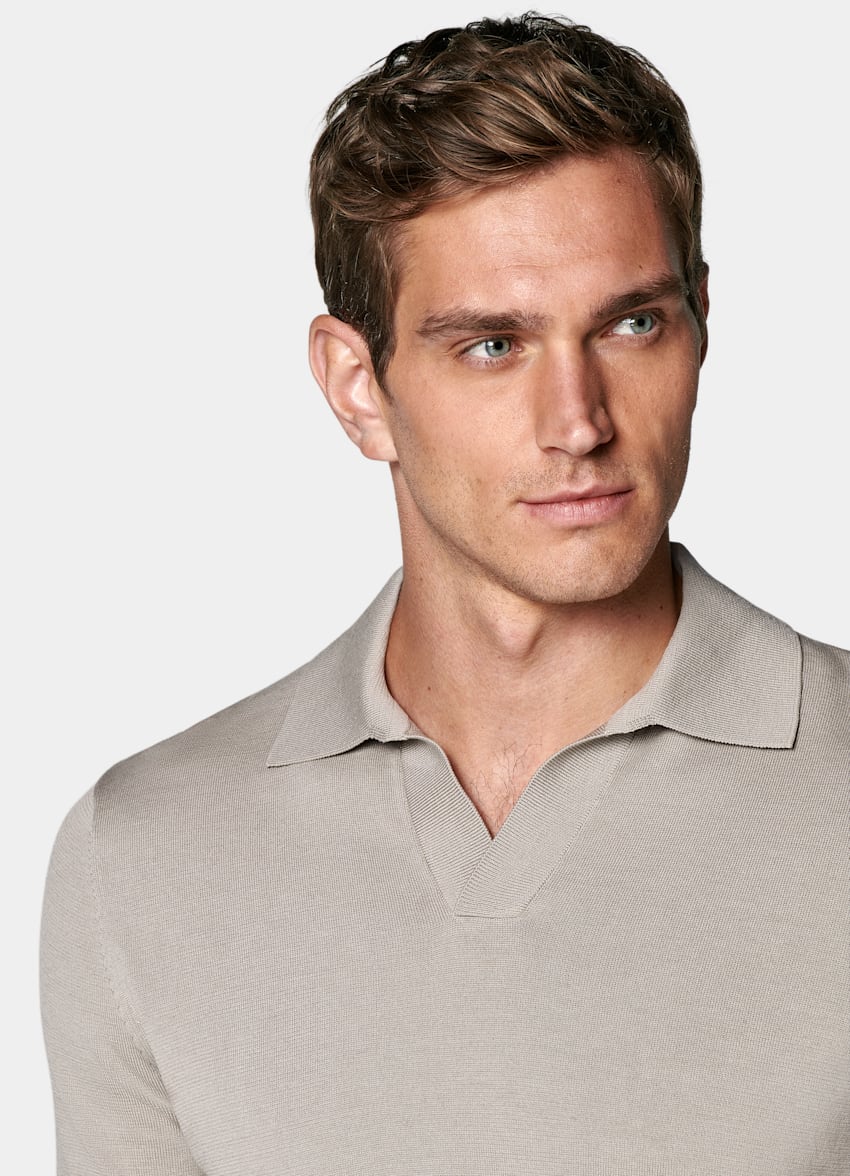 Light Taupe Buttonless Polo Shirt in Californian Cotton & Mulberry Silk ...