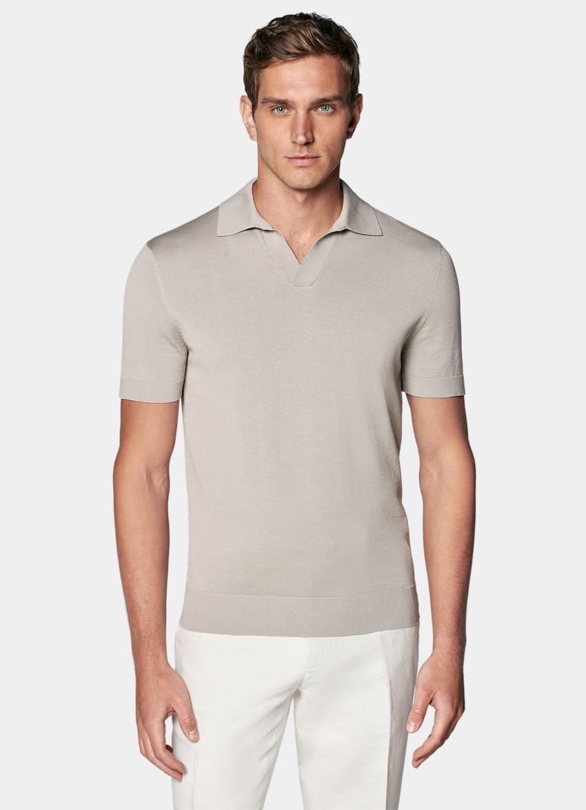 Light Taupe Buttonless Polo Shirt in Californian Cotton & Mulberry Silk ...