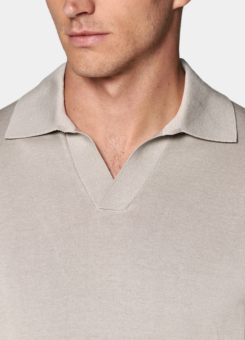 SUITSUPPLY Californian Cotton & Mulberry Silk Light Taupe Buttonless Polo
