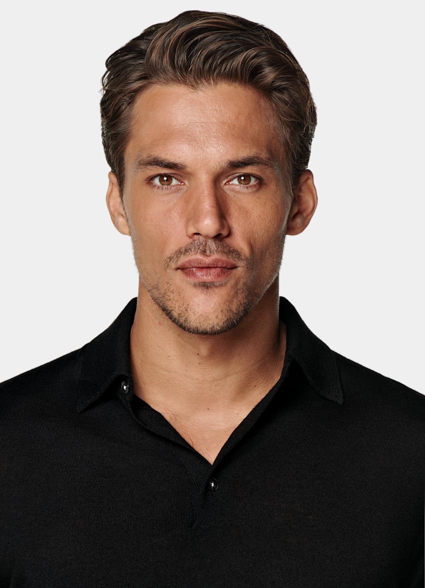 SUITSUPPLY Pure Wool Black Merino Long Sleeve Polo