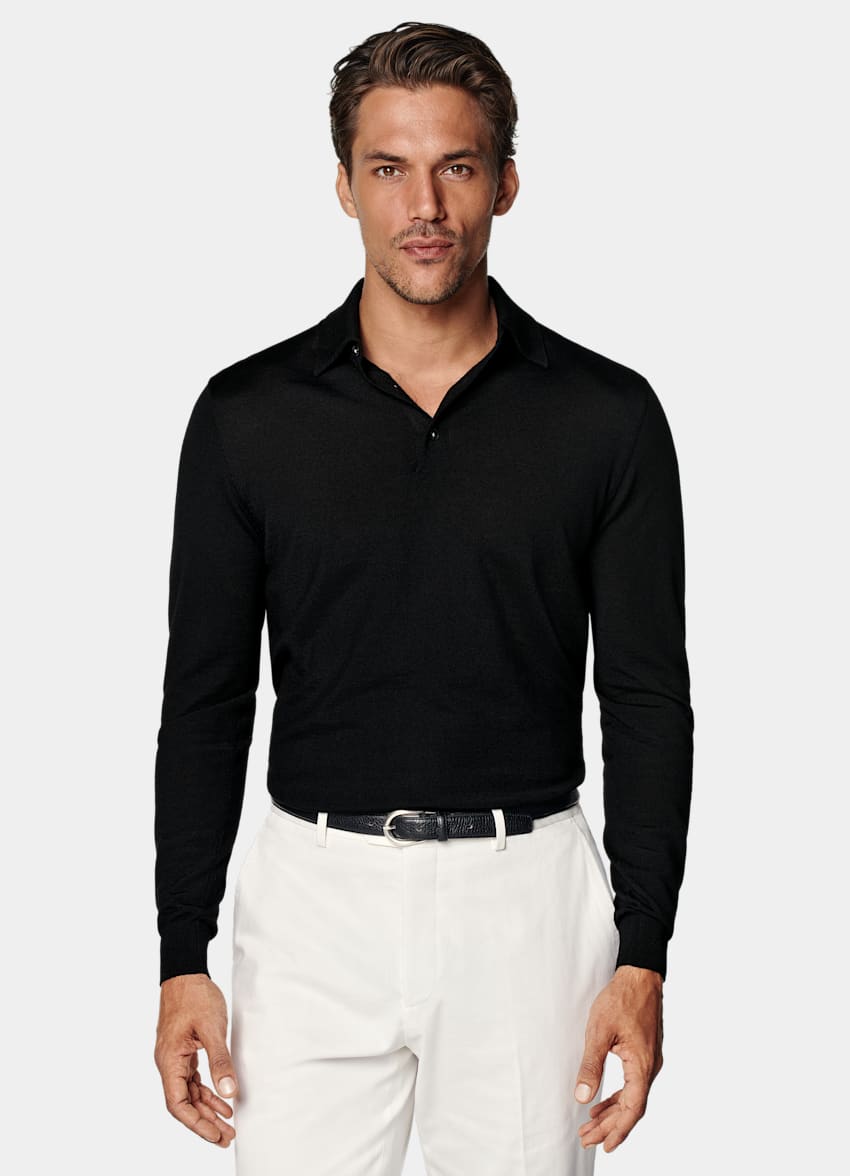 SUITSUPPLY Pure Wool Black Merino Long Sleeve Polo