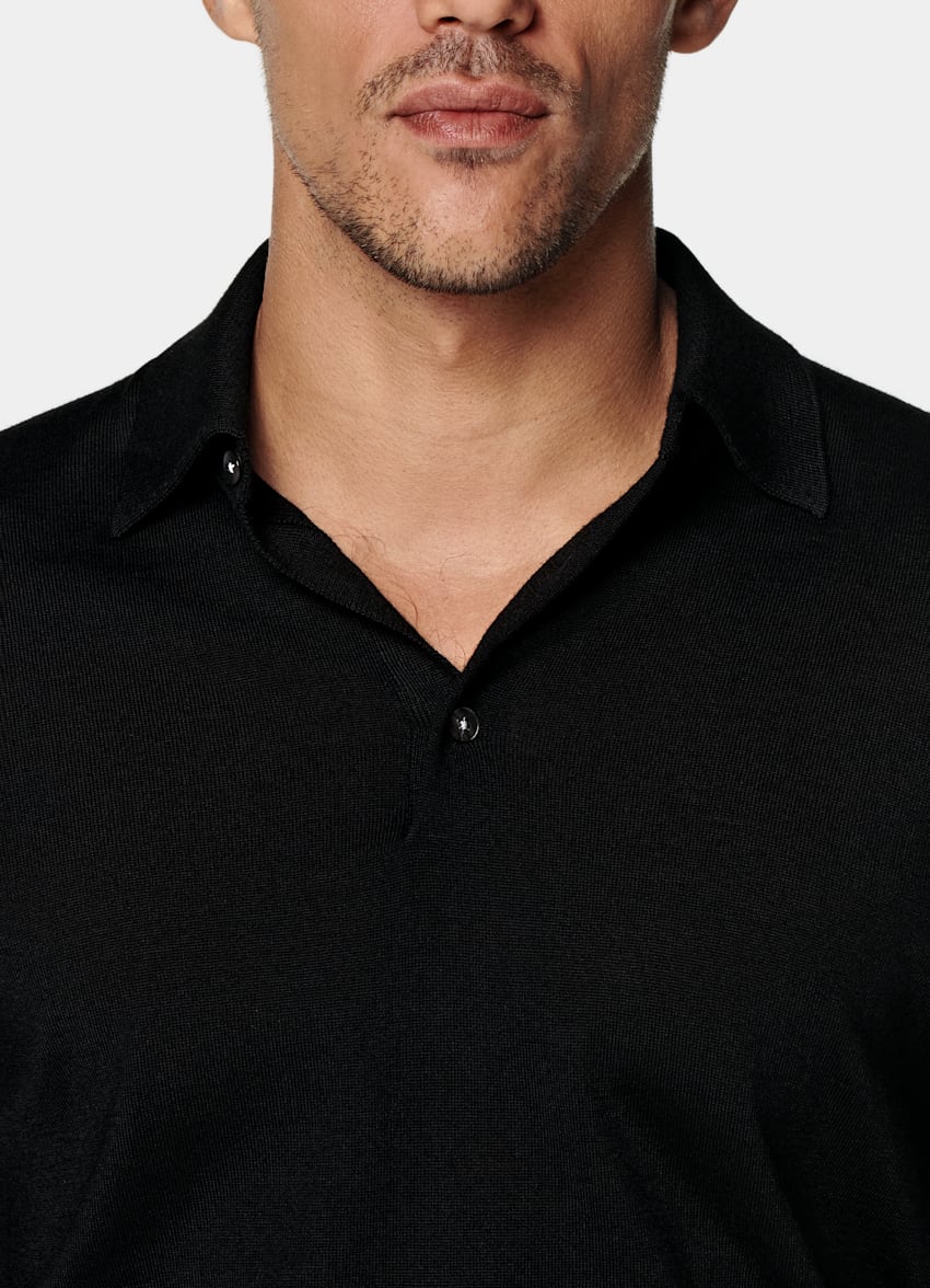 SUITSUPPLY Pure Wool Black Merino Long Sleeve Polo