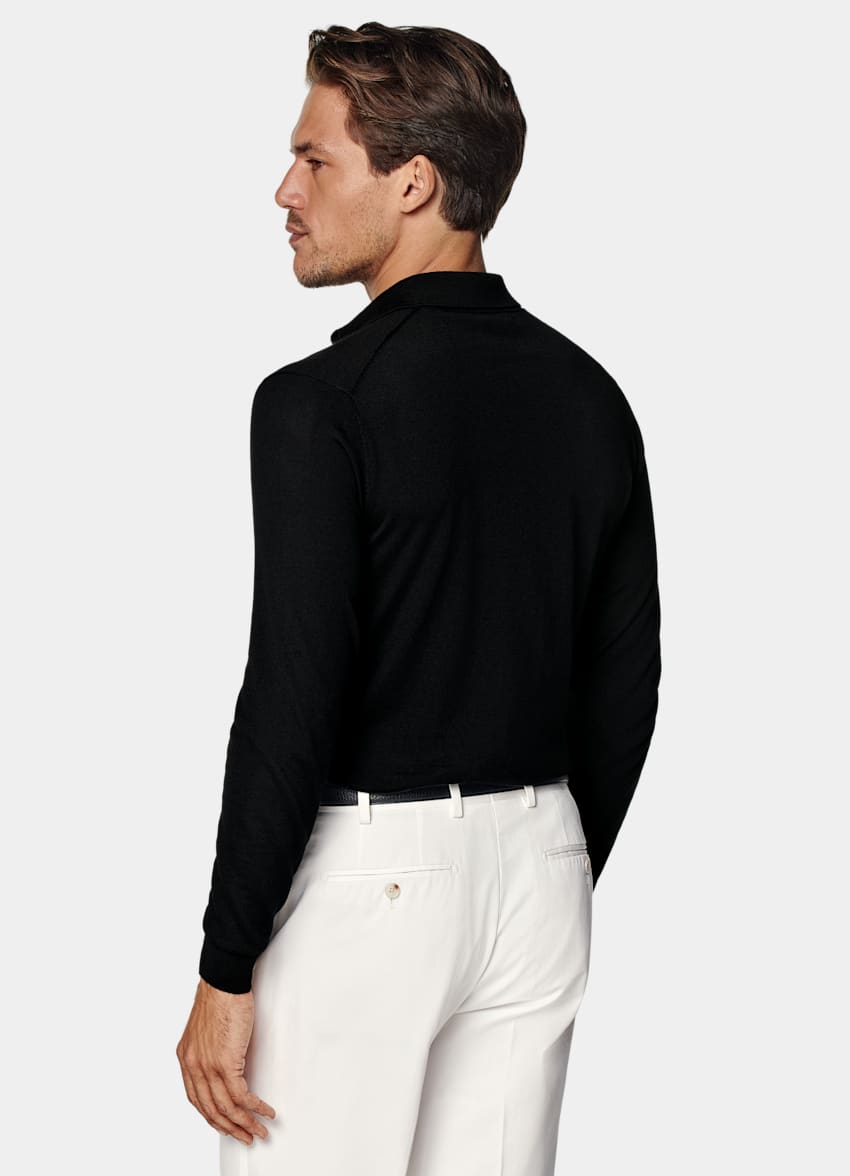 SUITSUPPLY Pure Wool Black Merino Long Sleeve Polo