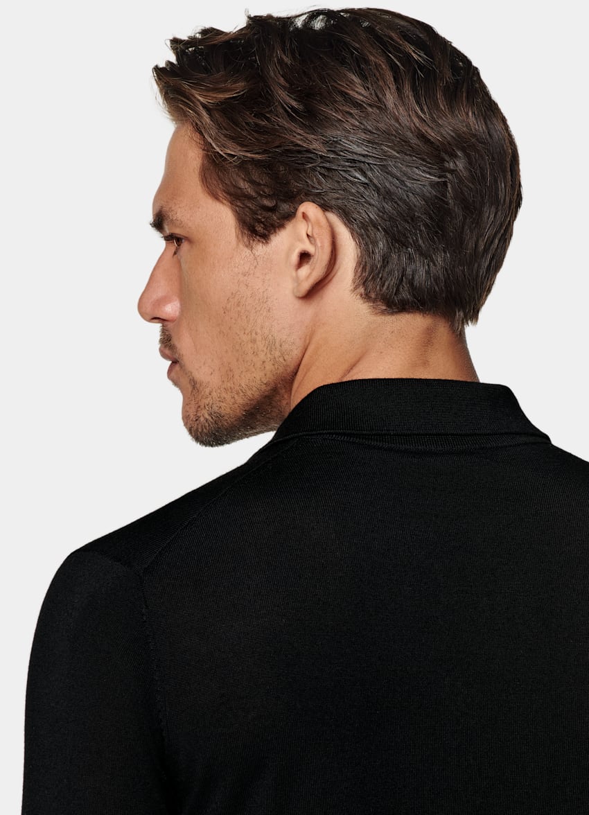 SUITSUPPLY Pure Wool Black Merino Long Sleeve Polo