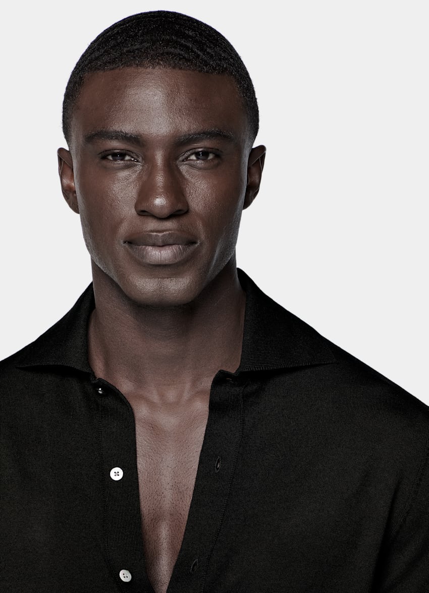 SUITSUPPLY Pure Wool Black Merino Long Sleeve Polo Cardigan