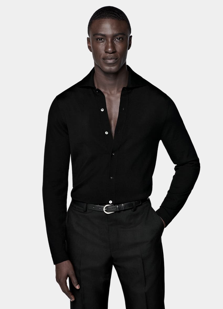 SUITSUPPLY Pure Wool Black Merino Long Sleeve Polo Cardigan