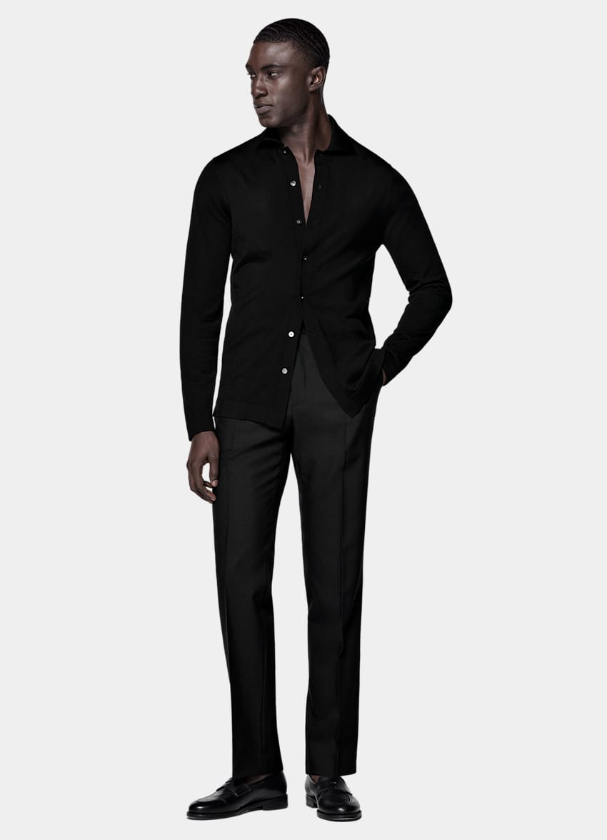 SUITSUPPLY Pure Wool Black Merino Long Sleeve Polo Cardigan