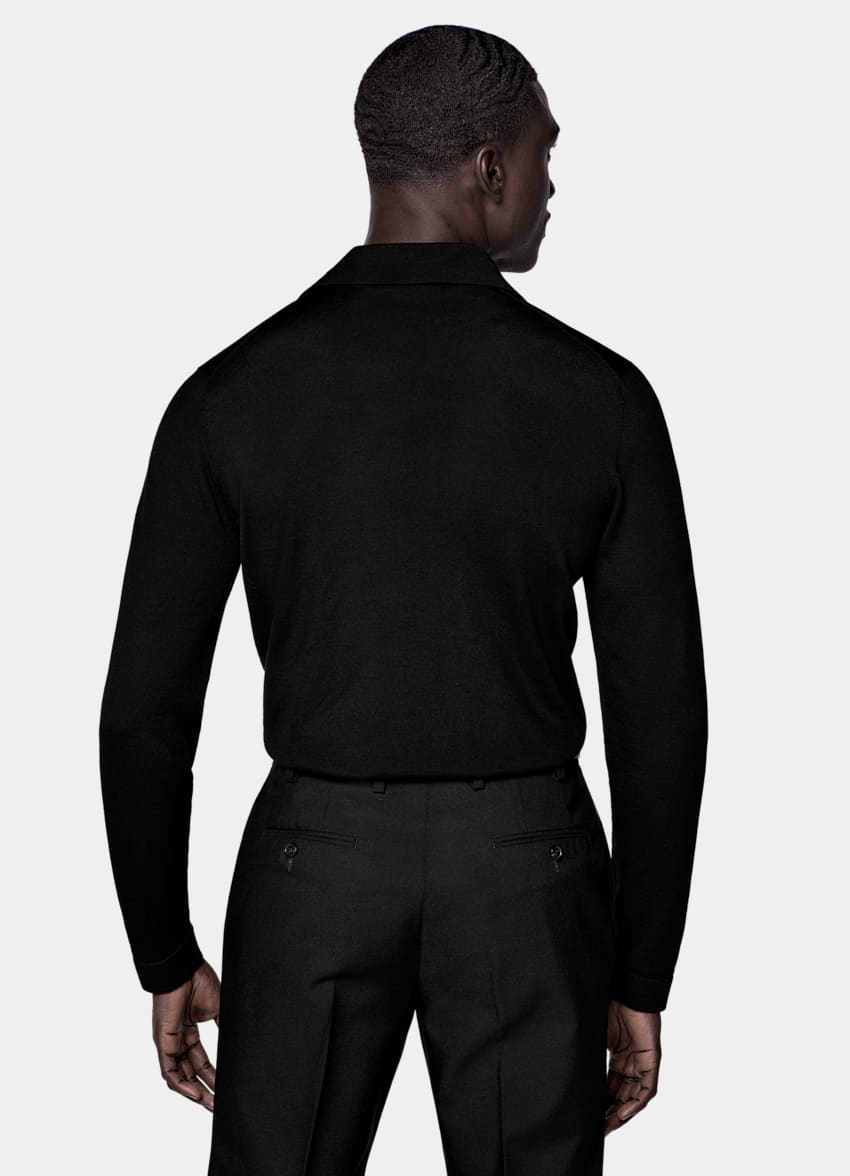 SUITSUPPLY Pure Wool Black Merino Long Sleeve Polo Cardigan