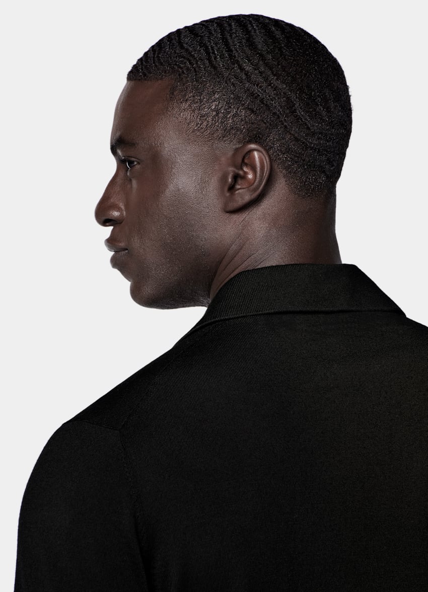 SUITSUPPLY Pure Wool Black Merino Long Sleeve Polo Cardigan