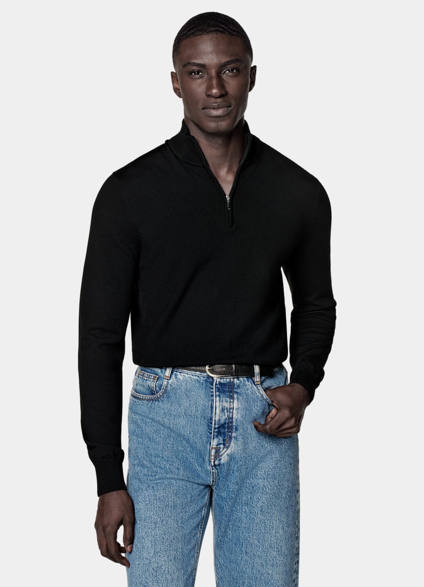 SUITSUPPLY Pure Wool Black Merino Half Zip