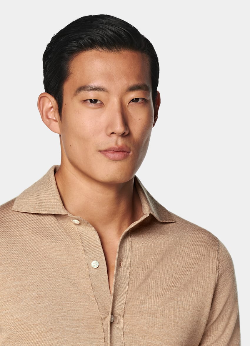 SUITSUPPLY Pure Wool Mid Brown Merino Long Sleeve Polo Cardigan