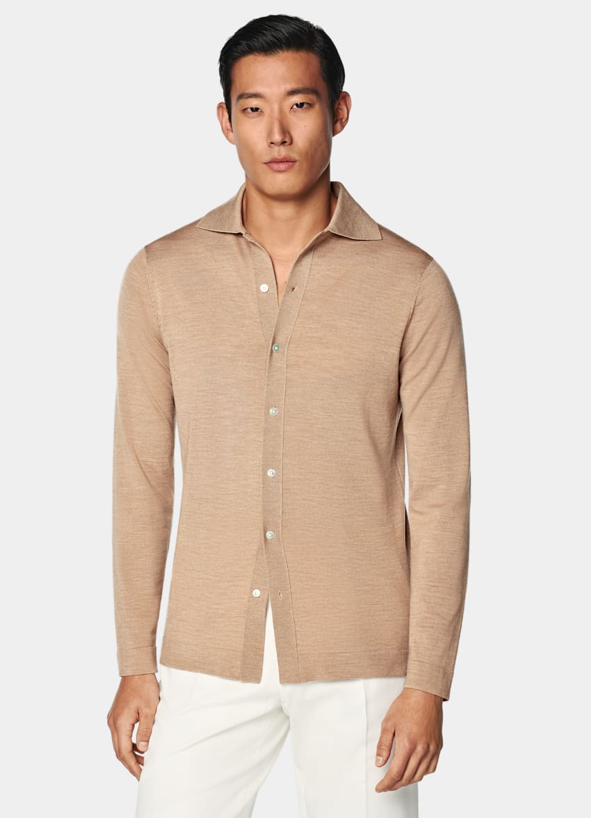 SUITSUPPLY Pure Wool Mid Brown Merino Long Sleeve Polo Cardigan