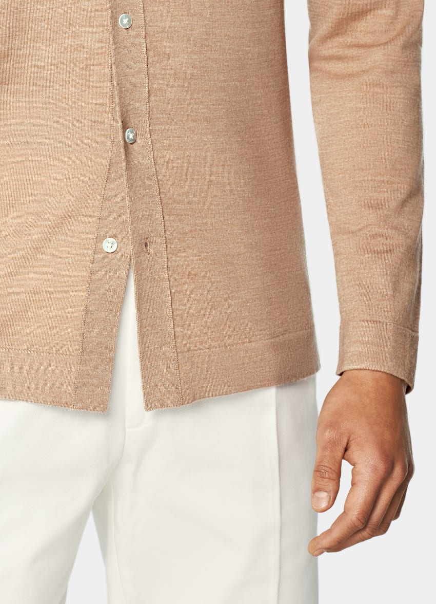SUITSUPPLY Pure Wool Mid Brown Merino Long Sleeve Polo Cardigan