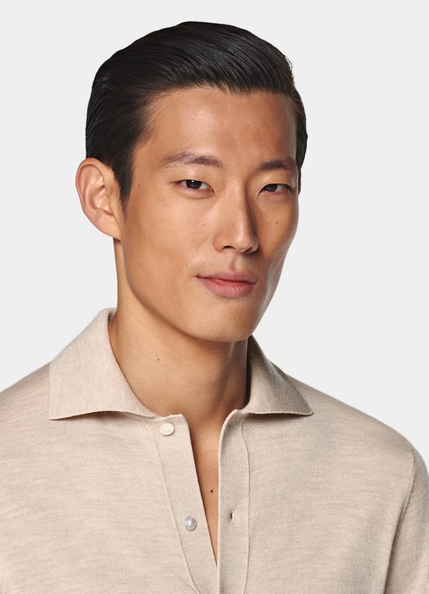 SUITSUPPLY Pure Wool Sand Merino Long Sleeve Polo Cardigan