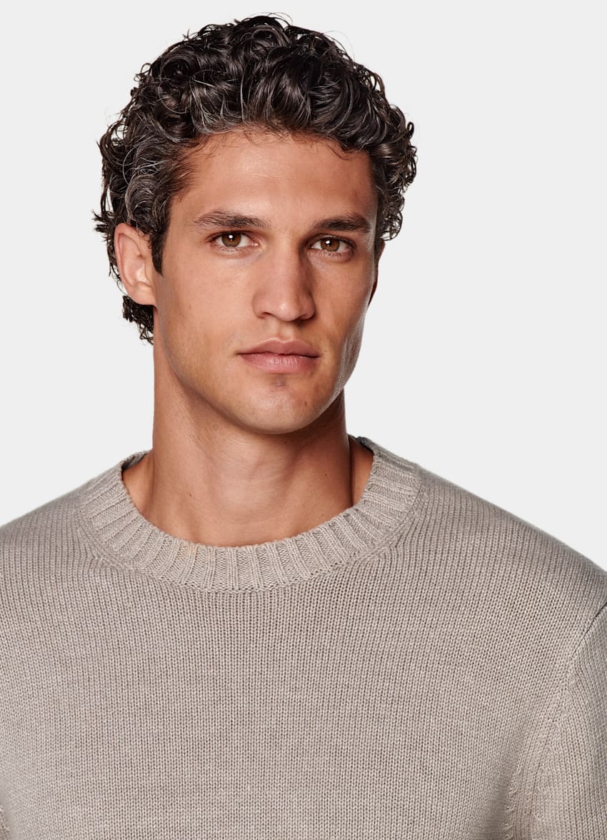 SUITSUPPLY Californian Cotton, Linen & Mulberry Silk Taupe Crewneck