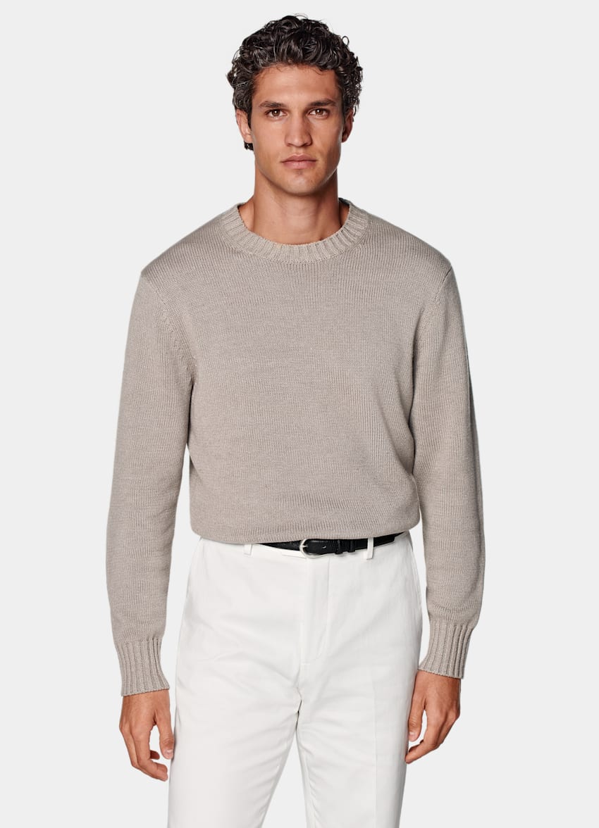 SUITSUPPLY Californian Cotton, Linen & Mulberry Silk Taupe Crewneck