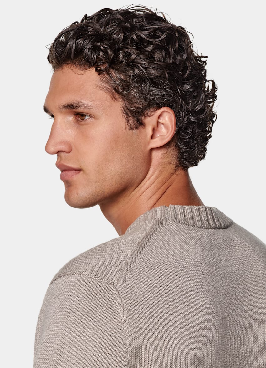 SUITSUPPLY Californian Cotton, Linen & Mulberry Silk Taupe Crewneck