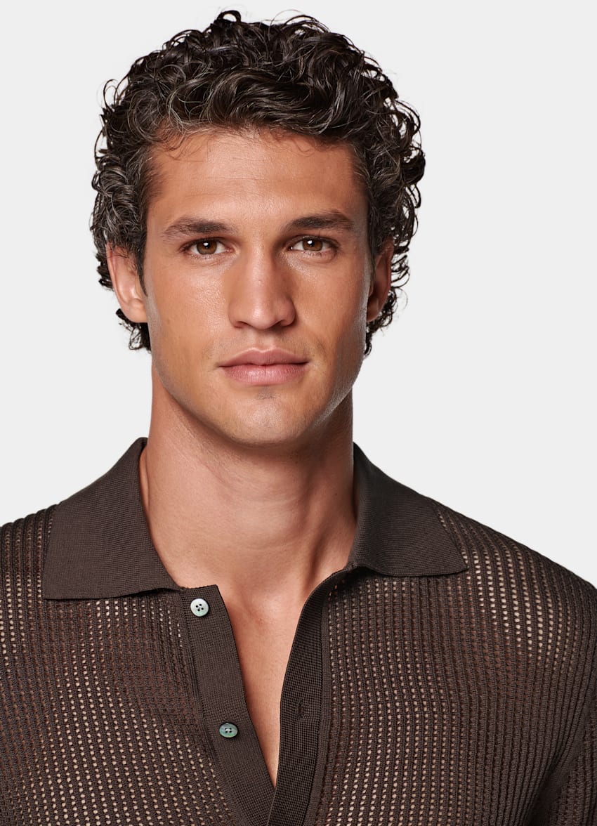 SUITSUPPLY Kalifornische Baumwolle und Maulbeerseide Poloshirt Crochet mittelbraun