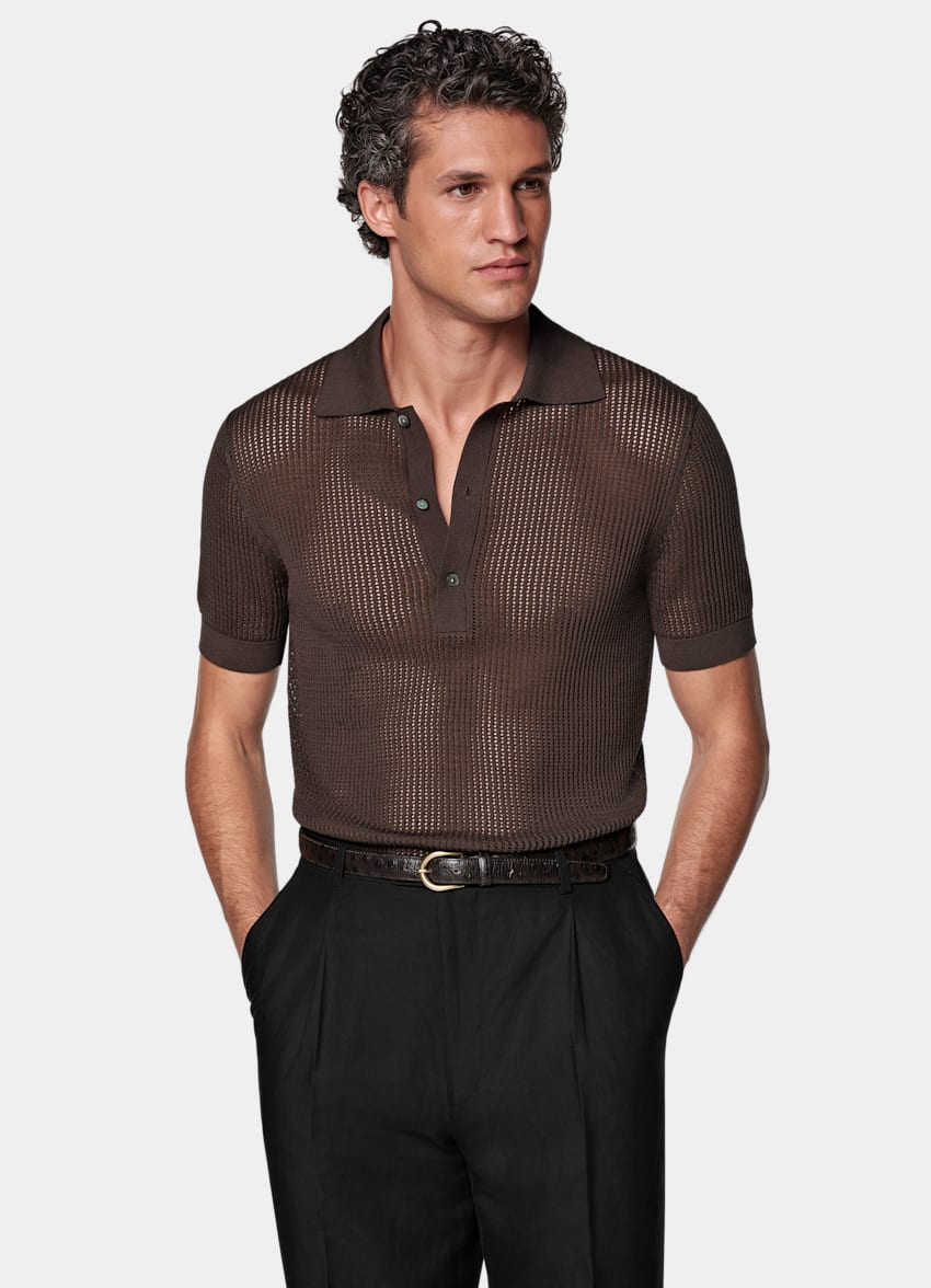 SUITSUPPLY Kalifornische Baumwolle und Maulbeerseide Poloshirt Crochet mittelbraun