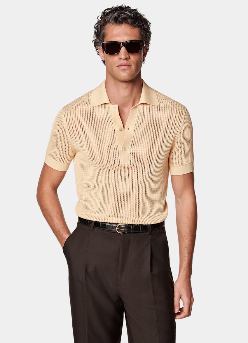 SUITSUPPLY 加州棉和桑蚕丝 浅黄色钩针编织 Polo 衫
