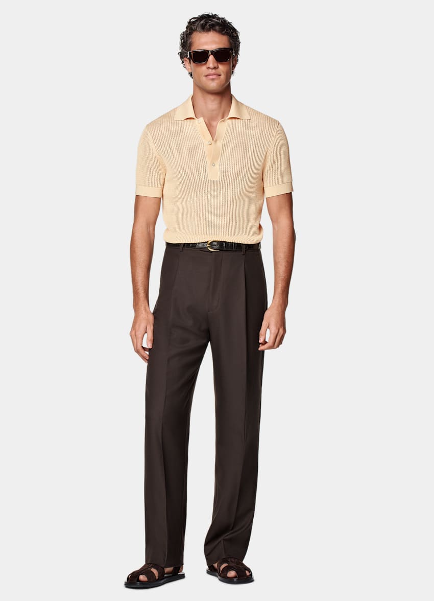 SUITSUPPLY 加州棉和桑蚕丝 浅黄色钩针编织 Polo 衫