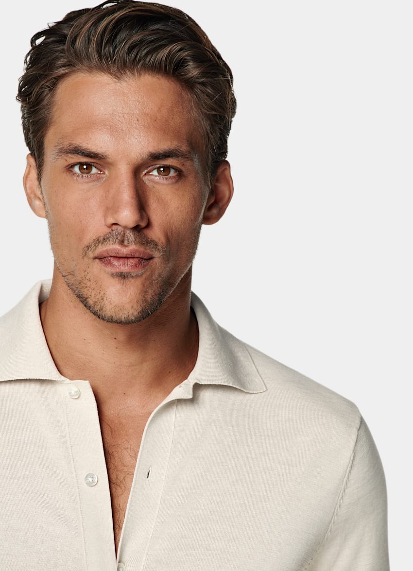 SUITSUPPLY Californian Cotton & Mulberry Silk Sand Long Sleeve Polo Cardigan