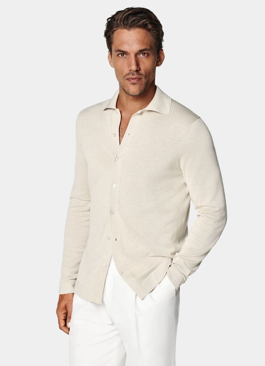 SUITSUPPLY Californian Cotton & Mulberry Silk Sand Long Sleeve Polo Cardigan