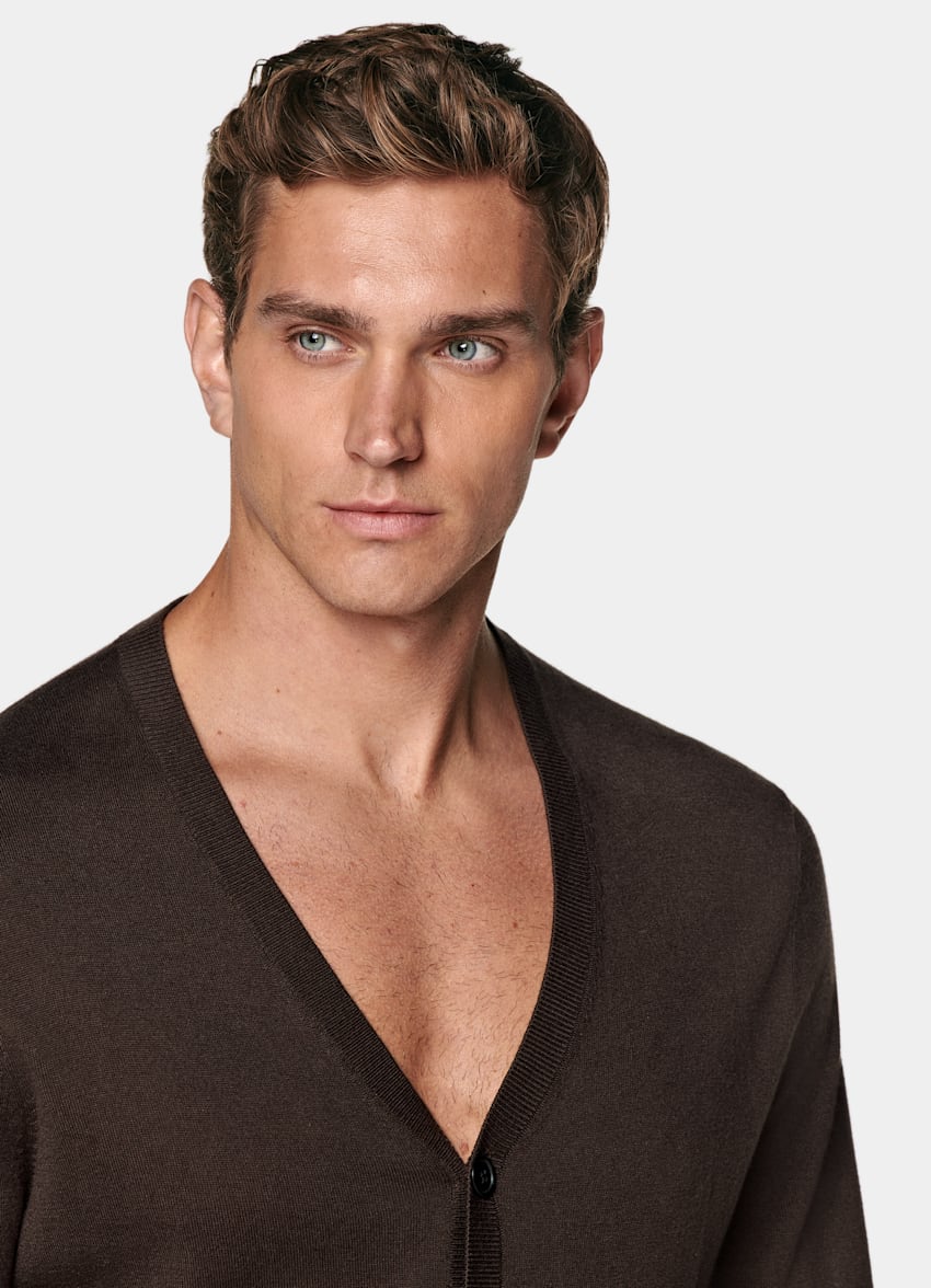 SUITSUPPLY Silk, Wool, Cashmere Mid Brown V-Neck Cardigan