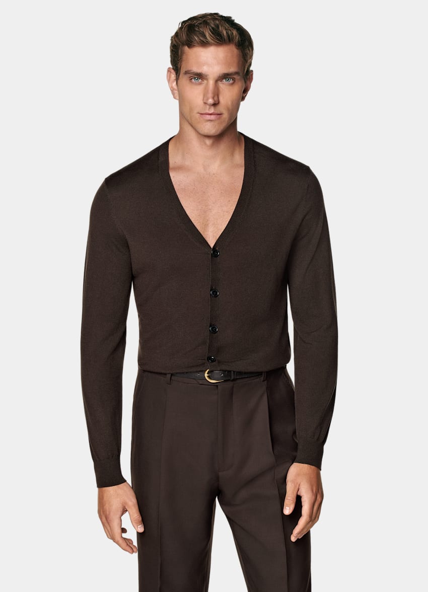 SUITSUPPLY Silk, Wool, Cashmere Mid Brown V-Neck Cardigan