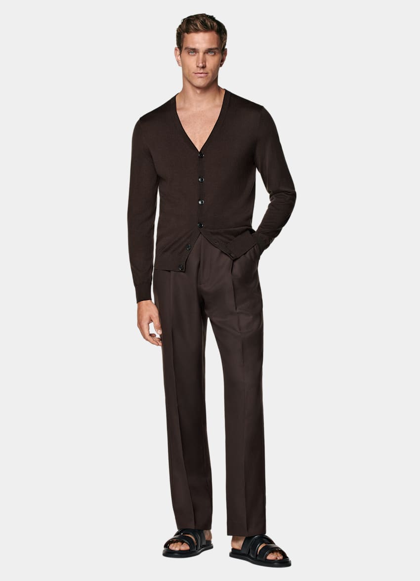 SUITSUPPLY Silk, Wool, Cashmere Mid Brown V-Neck Cardigan