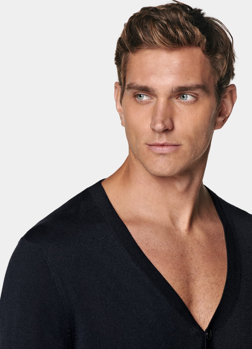 SUITSUPPLY Silk, Wool, Cashmere Navy V-Neck Cardigan