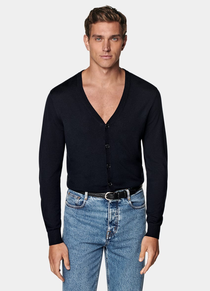 SUITSUPPLY Silk, Wool, Cashmere Navy V-Neck Cardigan