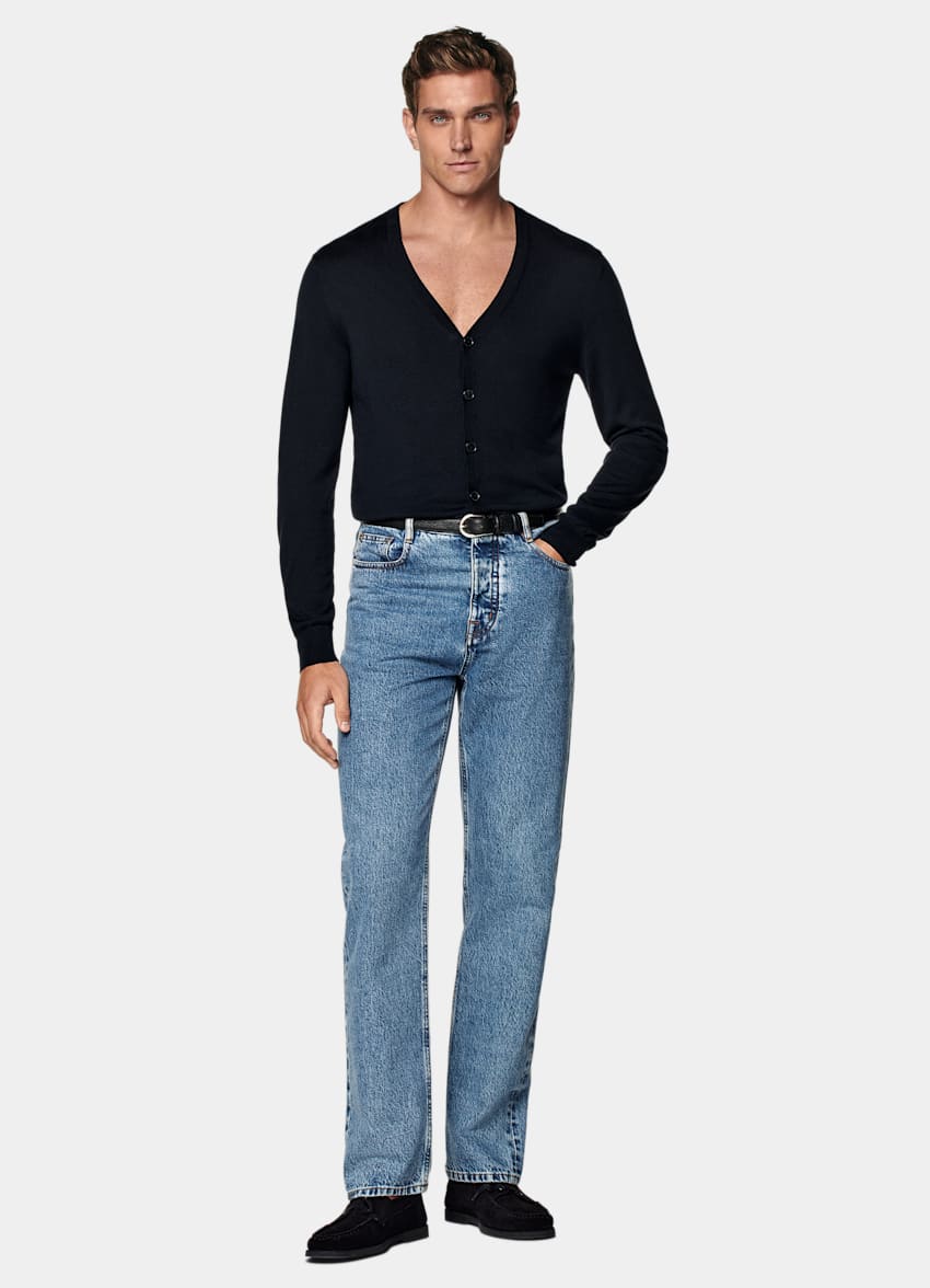 SUITSUPPLY Silk, Wool, Cashmere Navy V-Neck Cardigan