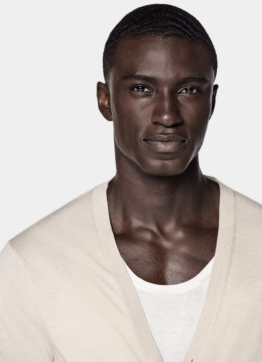 SUITSUPPLY Silk, Wool, Cashmere Sand V-Neck Cardigan
