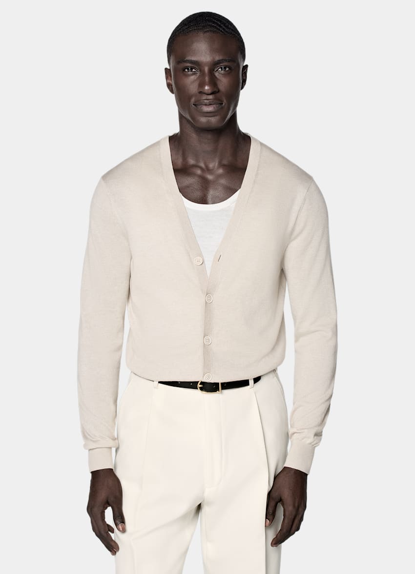 SUITSUPPLY Silk, Wool, Cashmere Sand V-Neck Cardigan