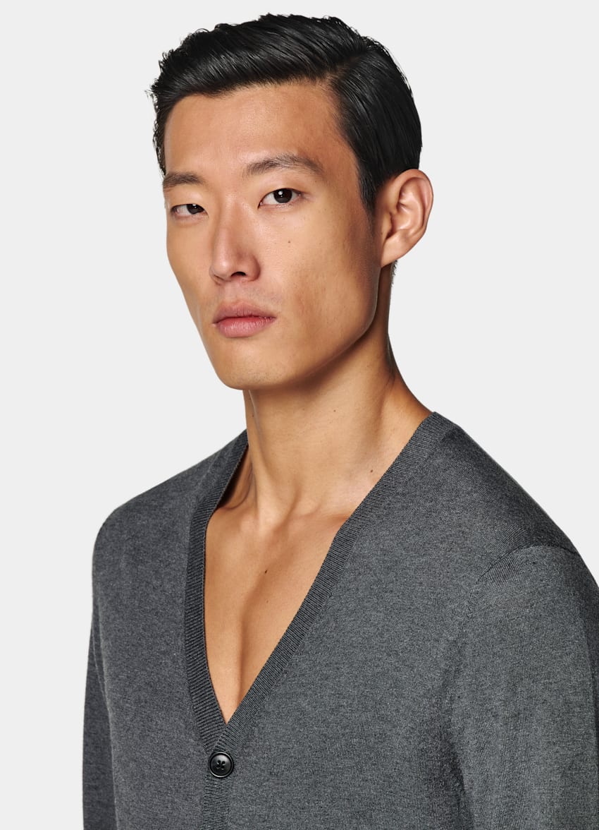 SUITSUPPLY Silk, Wool, Cashmere Grey V-Neck Cardigan