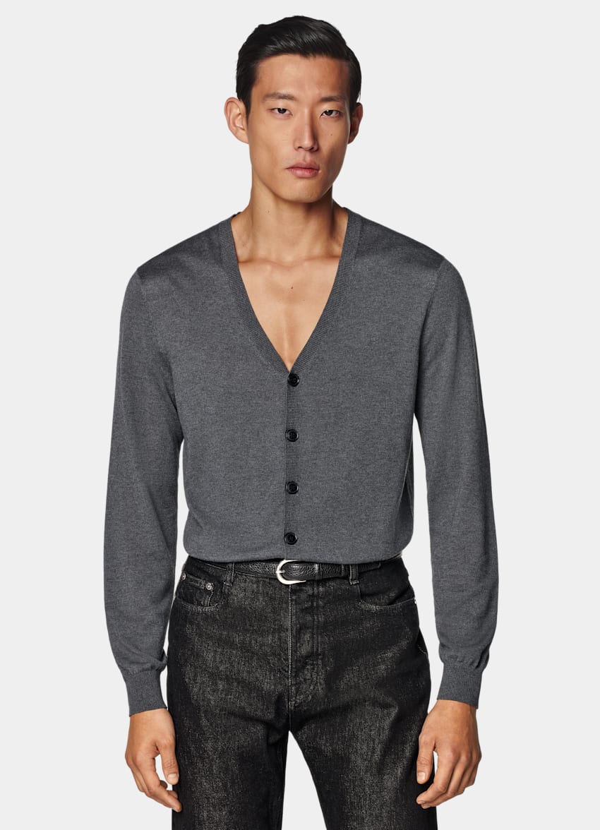 SUITSUPPLY Silk, Wool, Cashmere Grey V-Neck Cardigan