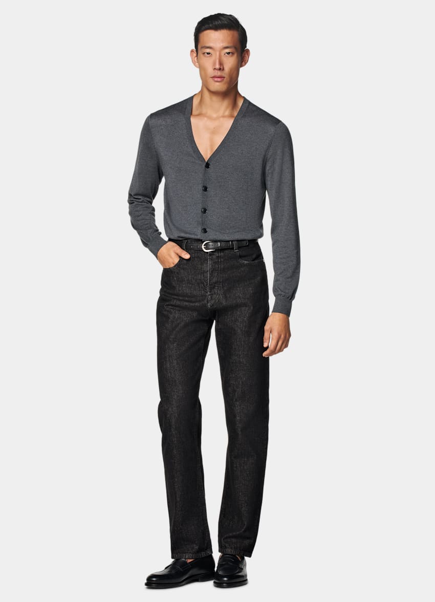 SUITSUPPLY Silk, Wool, Cashmere Grey V-Neck Cardigan